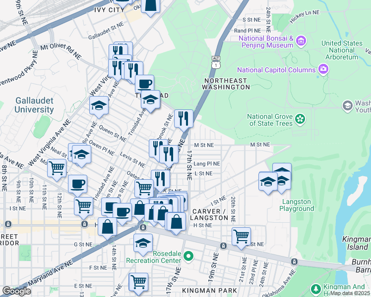 map of restaurants, bars, coffee shops, grocery stores, and more near 101 Independence Avenue Southeast in Washington