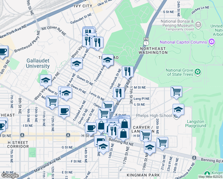 map of restaurants, bars, coffee shops, grocery stores, and more near 101 Independence Avenue Southeast in Washington