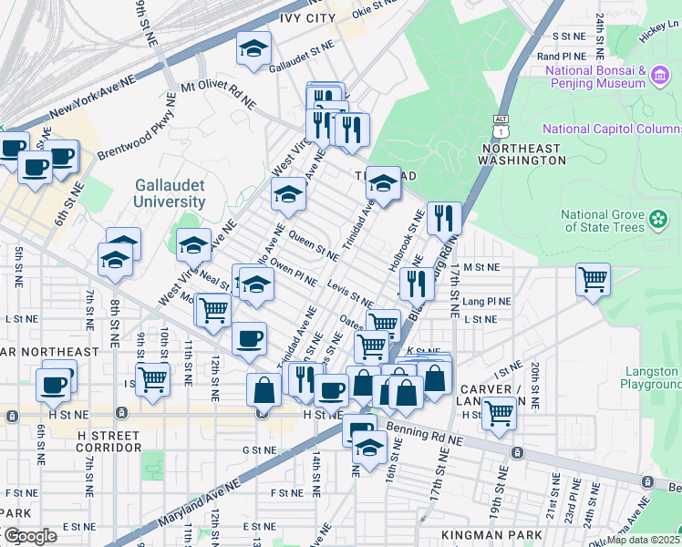 map of restaurants, bars, coffee shops, grocery stores, and more near 1515 Trinidad Avenue Northeast in Washington