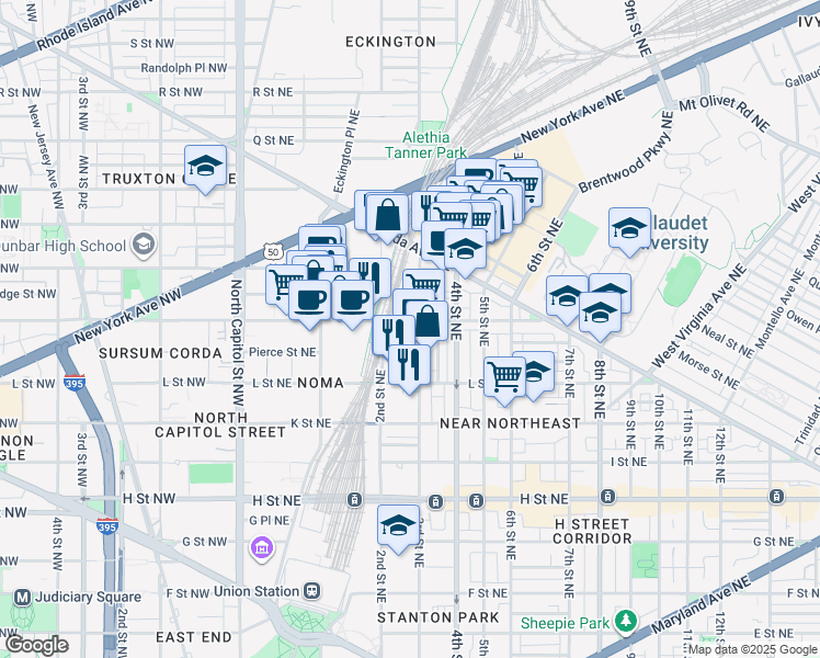 map of restaurants, bars, coffee shops, grocery stores, and more near 101 Independence Avenue Southeast in Washington