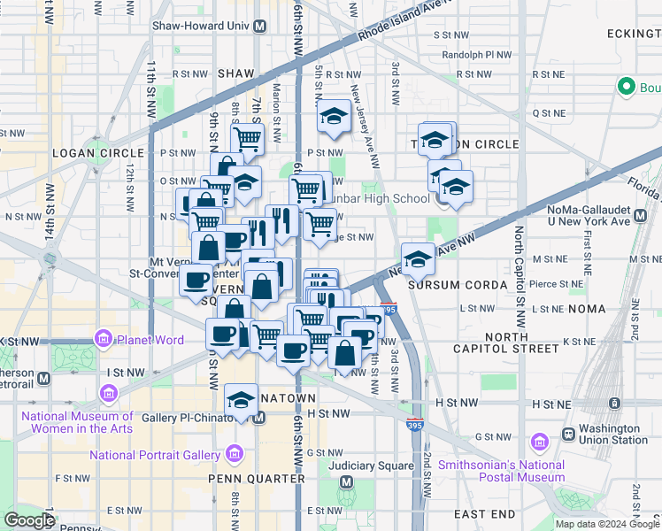 map of restaurants, bars, coffee shops, grocery stores, and more near 450 M Street Northwest in Washington