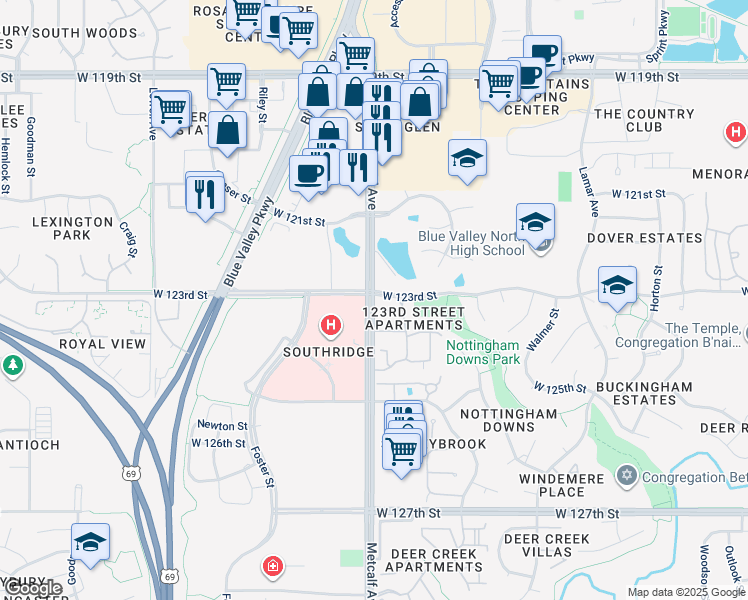 map of restaurants, bars, coffee shops, grocery stores, and more near in Overland Park