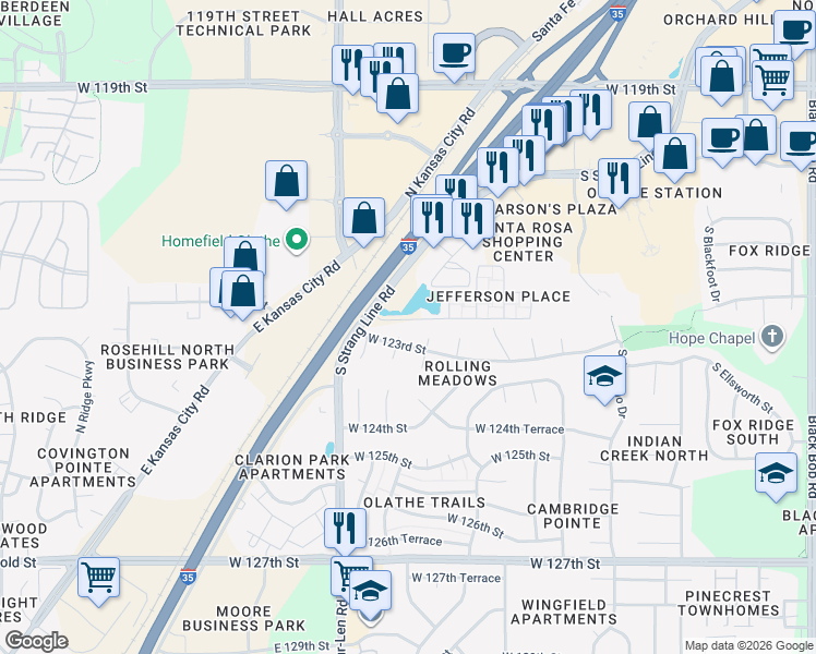 map of restaurants, bars, coffee shops, grocery stores, and more near 16512 West 123rd Street in Olathe