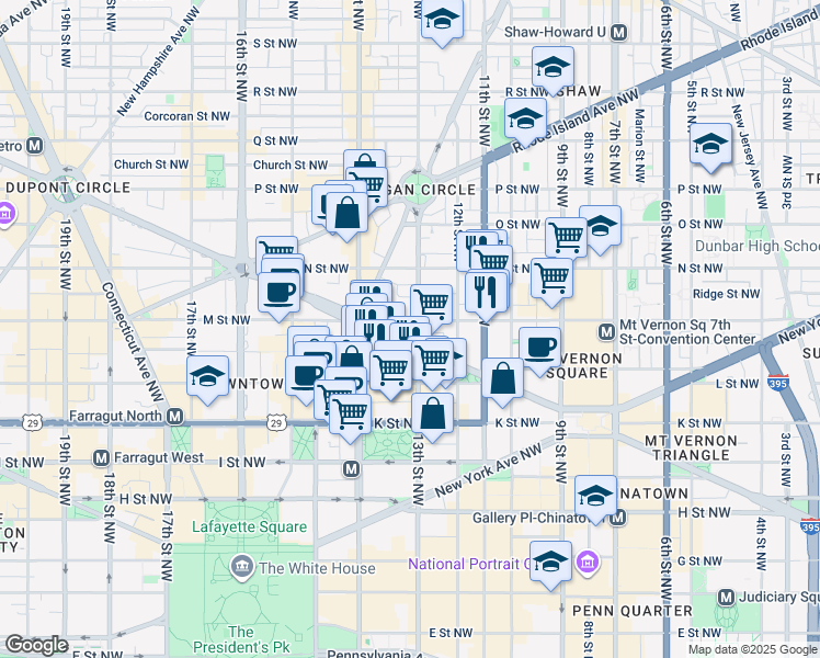 map of restaurants, bars, coffee shops, grocery stores, and more near 1301 Massachusetts Avenue Northwest in Washington