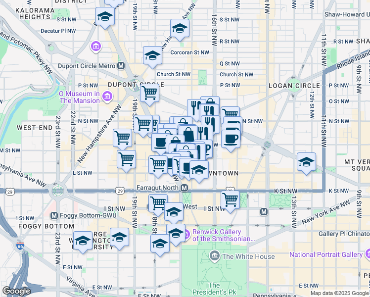 map of restaurants, bars, coffee shops, grocery stores, and more near 1700 M Street Northwest in Washington