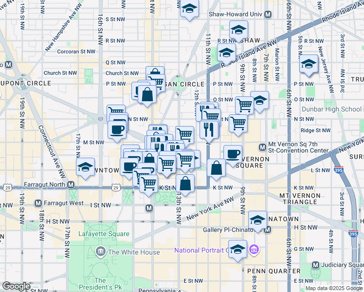map of restaurants, bars, coffee shops, grocery stores, and more near 1133 13th Street Northwest in Washington