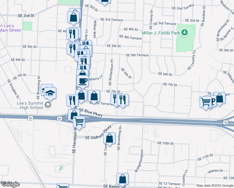 map of restaurants, bars, coffee shops, grocery stores, and more near 1007 Southeast 7th Street in Lee's Summit