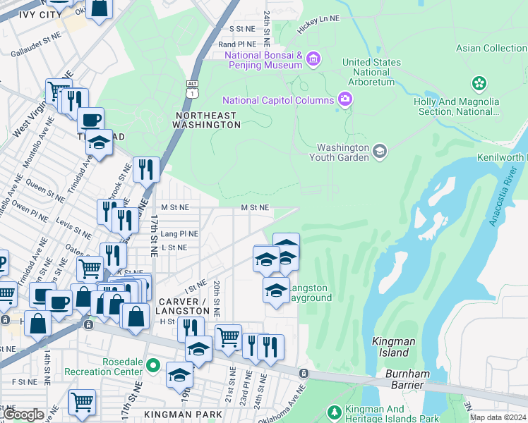 map of restaurants, bars, coffee shops, grocery stores, and more near 2221 M Street Northeast in Washington
