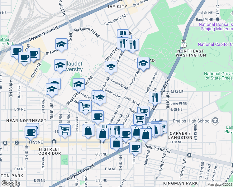 map of restaurants, bars, coffee shops, grocery stores, and more near 1256 Owen Place Northeast in Washington