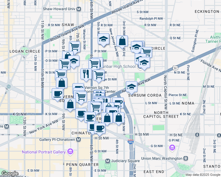 map of restaurants, bars, coffee shops, grocery stores, and more near 420 M Street Northwest in Washington