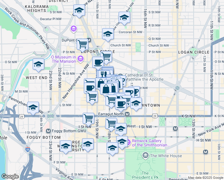 map of restaurants, bars, coffee shops, grocery stores, and more near 1150 Connecticut Avenue Northwest in Washington