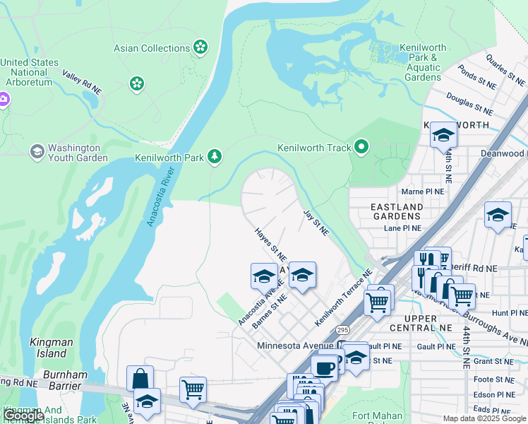 map of restaurants, bars, coffee shops, grocery stores, and more near 3684 Hayes Street Northeast in Washington
