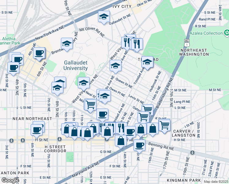 map of restaurants, bars, coffee shops, grocery stores, and more near 1235 Owen Place Northeast in Washington