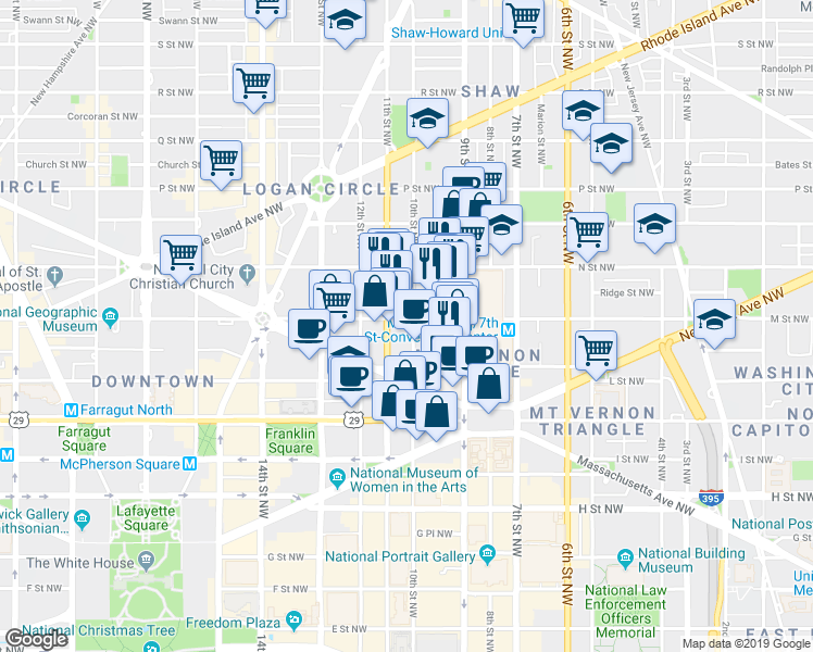 map of restaurants, bars, coffee shops, grocery stores, and more near 1002 4th Street Northwest in Washington