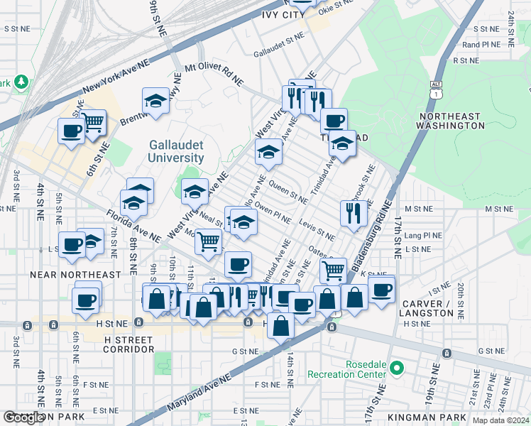 map of restaurants, bars, coffee shops, grocery stores, and more near 1235 Owen Place Northeast in Washington