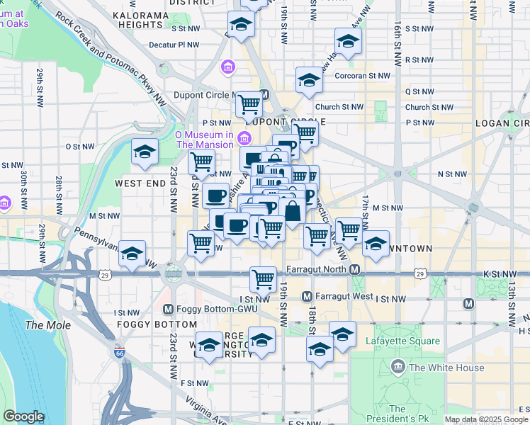 map of restaurants, bars, coffee shops, grocery stores, and more near 1990 M Street Northwest in Washington
