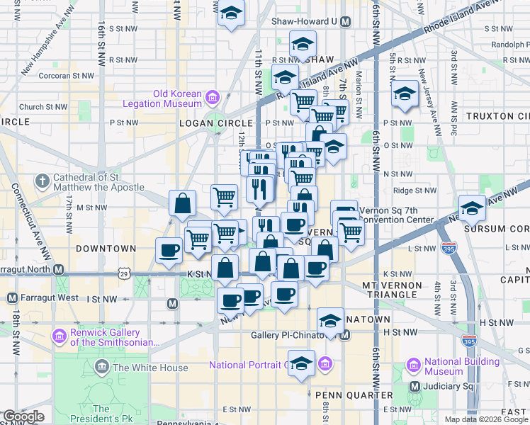 map of restaurants, bars, coffee shops, grocery stores, and more near 1024 M Street Northwest in Washington