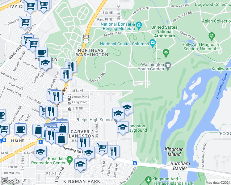 map of restaurants, bars, coffee shops, grocery stores, and more near 101 Independence Avenue Southeast in Washington
