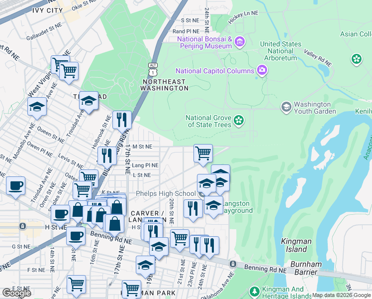 map of restaurants, bars, coffee shops, grocery stores, and more near 101 Independence Avenue Southeast in Washington