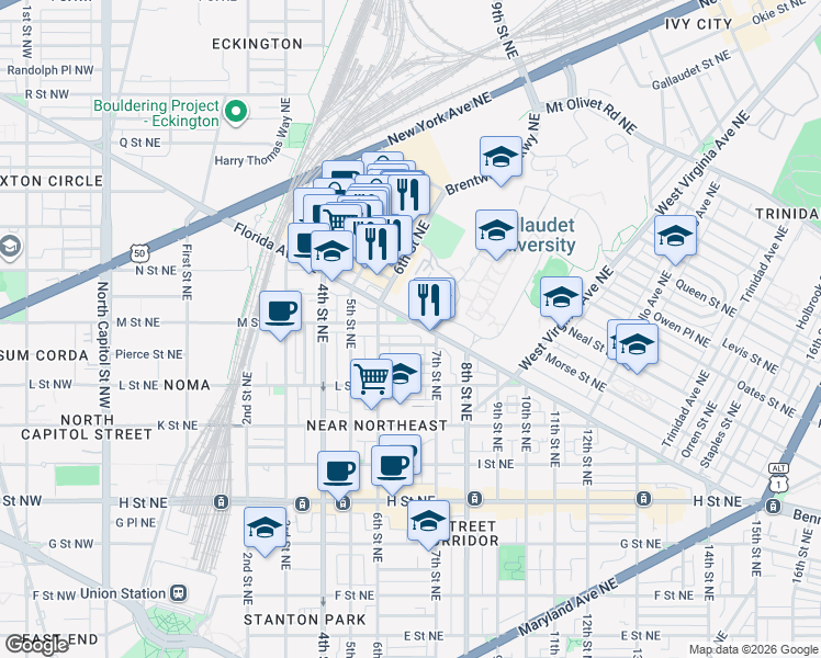 map of restaurants, bars, coffee shops, grocery stores, and more near 101 Independence Avenue Southeast in Washington
