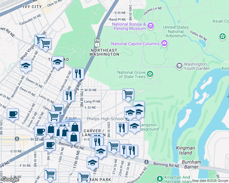 map of restaurants, bars, coffee shops, grocery stores, and more near 101 Independence Avenue Southeast in Washington