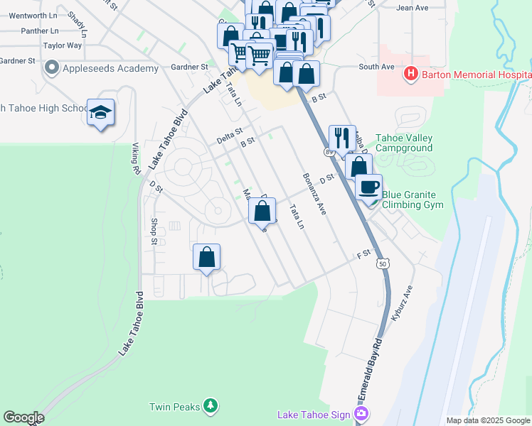 map of restaurants, bars, coffee shops, grocery stores, and more near 1884 D Street in South Lake Tahoe