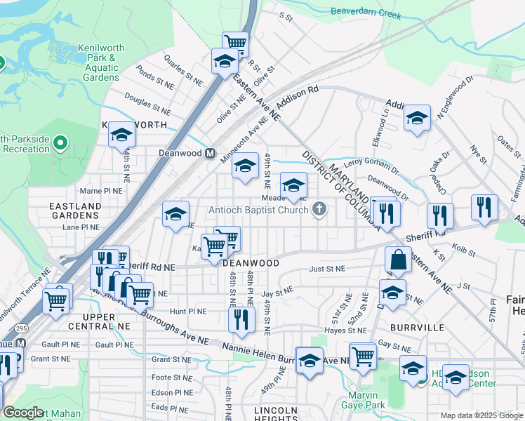 map of restaurants, bars, coffee shops, grocery stores, and more near 1120 49th Street Northeast in Washington