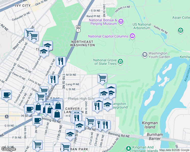 map of restaurants, bars, coffee shops, grocery stores, and more near 101 Independence Avenue Southeast in Washington