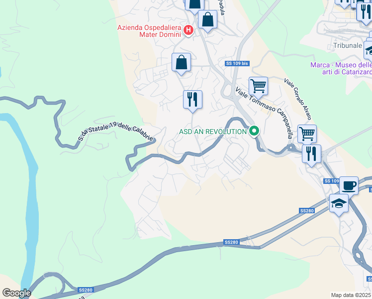 map of restaurants, bars, coffee shops, grocery stores, and more near 32 Viale Barlaam da Seminara in Catanzaro
