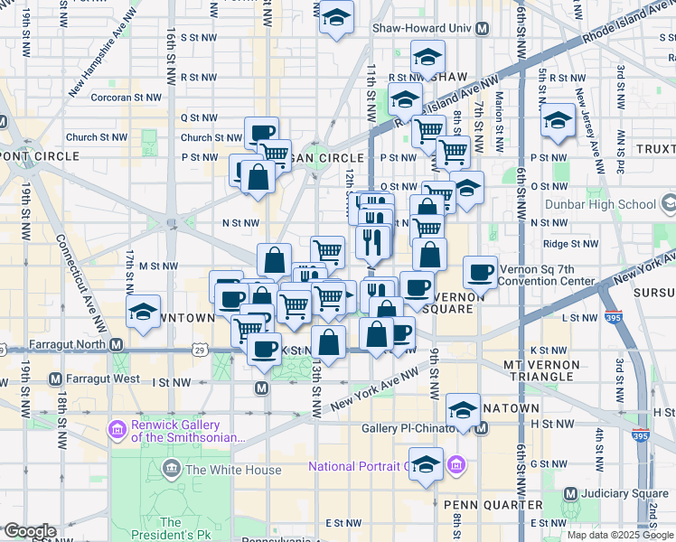 map of restaurants, bars, coffee shops, grocery stores, and more near 1208 M Street Northwest in Washington