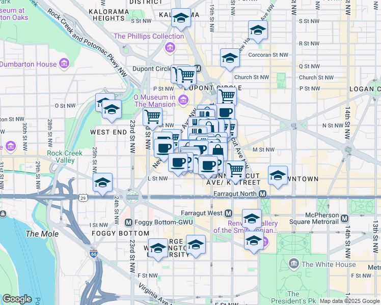 map of restaurants, bars, coffee shops, grocery stores, and more near 2000 M Street Northwest in Washington