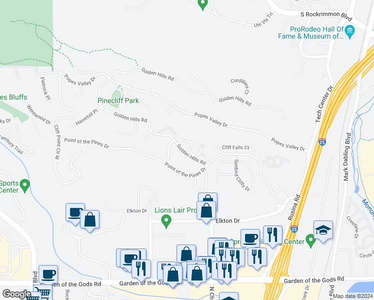 map of restaurants, bars, coffee shops, grocery stores, and more near 645 Autumn Crest Circle in Colorado Springs