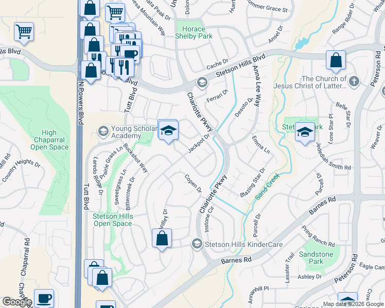 map of restaurants, bars, coffee shops, grocery stores, and more near 4990 Malachite Court in Colorado Springs