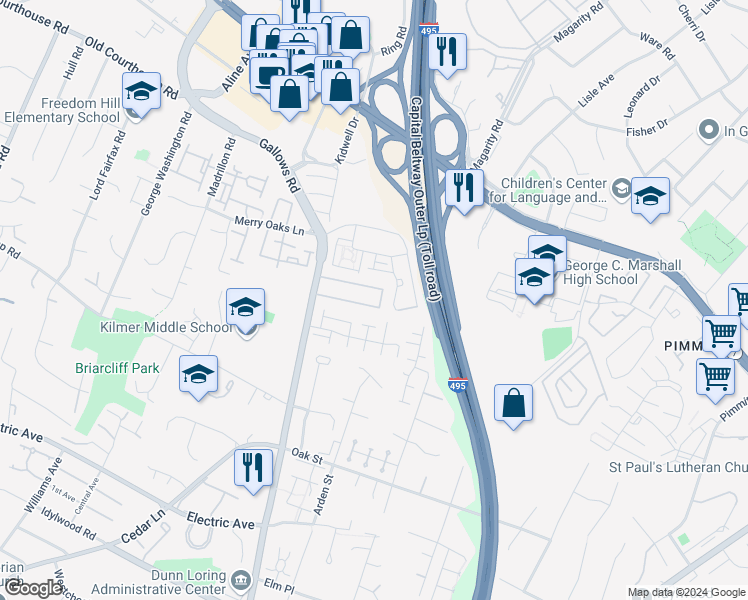 map of restaurants, bars, coffee shops, grocery stores, and more near 7978 Tyson Oaks Circle in Vienna
