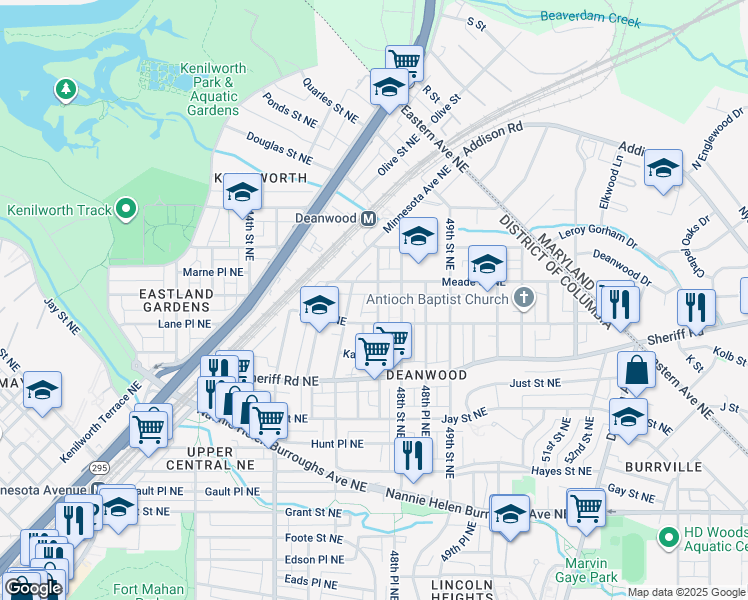 map of restaurants, bars, coffee shops, grocery stores, and more near 1130 47th Place Northeast in Washington