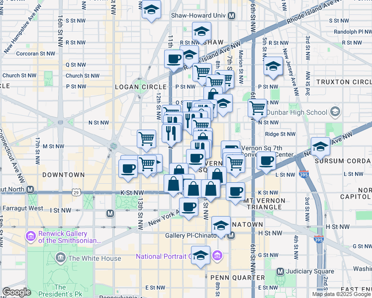 map of restaurants, bars, coffee shops, grocery stores, and more near 930 M Street Northwest in Washington