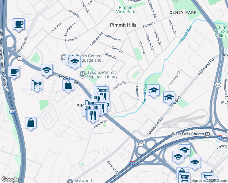 map of restaurants, bars, coffee shops, grocery stores, and more near 7419 Paxton Road in Falls Church