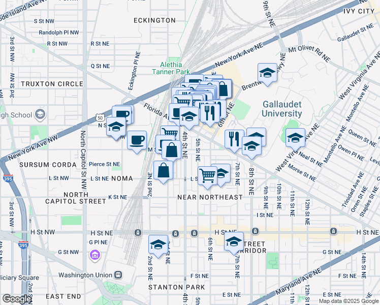 map of restaurants, bars, coffee shops, grocery stores, and more near 409 M Street Northeast in Washington