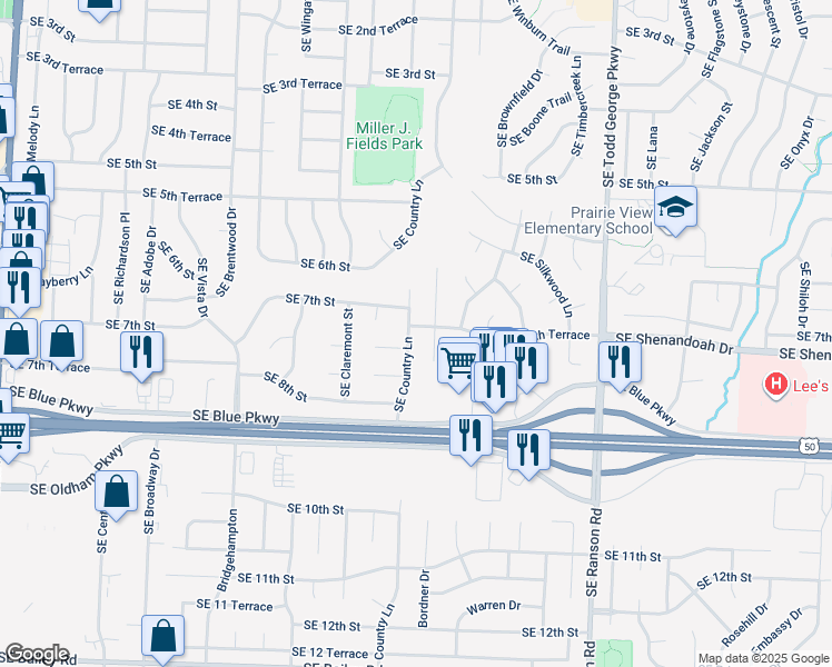 map of restaurants, bars, coffee shops, grocery stores, and more near 711 Southeast Country Lane in Lee's Summit