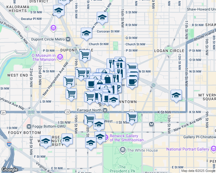 map of restaurants, bars, coffee shops, grocery stores, and more near 1700 M Street Northwest in Washington