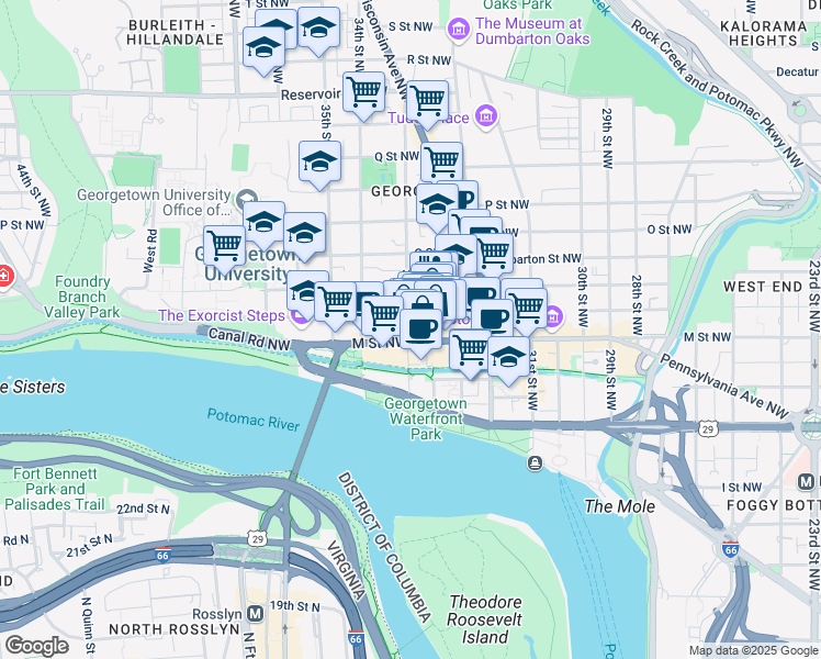 map of restaurants, bars, coffee shops, grocery stores, and more near 1209 33rd Street Northwest in Washington