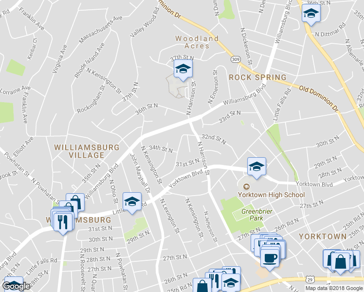 map of restaurants, bars, coffee shops, grocery stores, and more near 5522 32nd Street North in Arlington