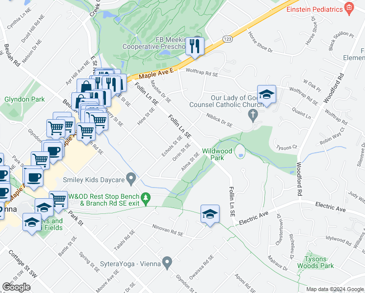 map of restaurants, bars, coffee shops, grocery stores, and more near 602 Orrin Street Southeast in Vienna