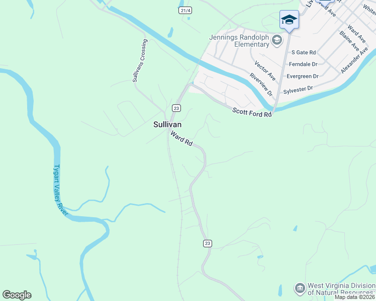 map of restaurants, bars, coffee shops, grocery stores, and more near Ward Road in Elkins