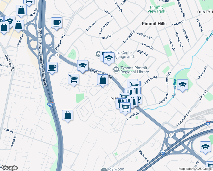 map of restaurants, bars, coffee shops, grocery stores, and more near 2120 Dominion Heights Court in Falls Church