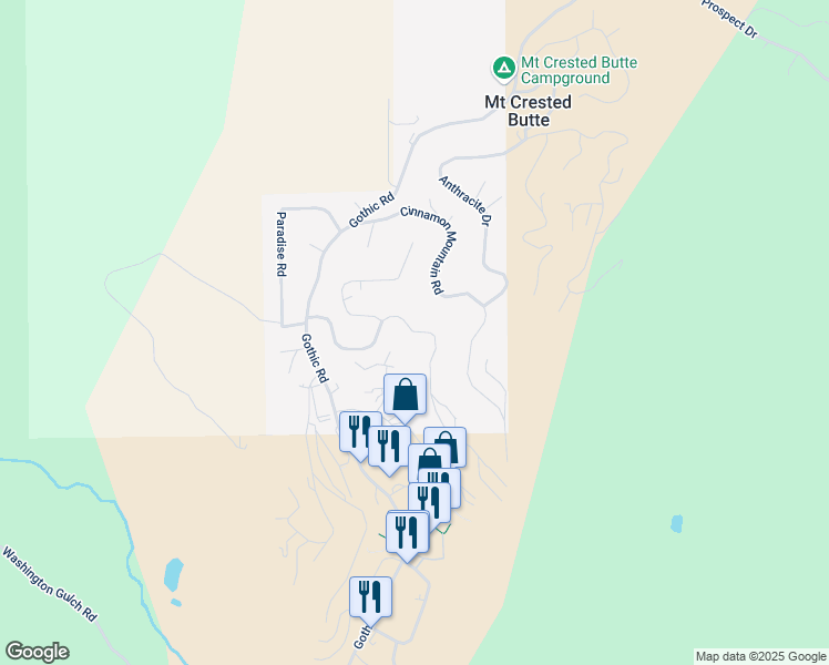 map of restaurants, bars, coffee shops, grocery stores, and more near 18 Whetstone Road in Crested Butte