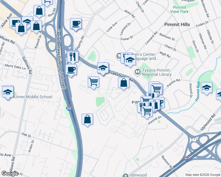 map of restaurants, bars, coffee shops, grocery stores, and more near 2127 Dominion Way in Falls Church