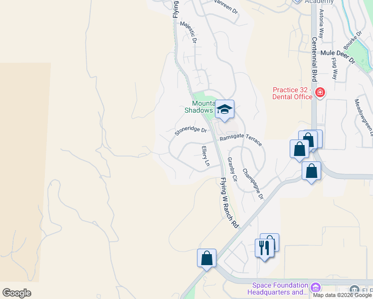 map of restaurants, bars, coffee shops, grocery stores, and more near 2430 Denby Way in Colorado Springs