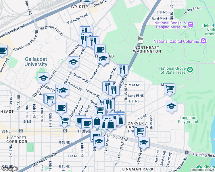 map of restaurants, bars, coffee shops, grocery stores, and more near 1609 Holbrook Street Northeast in Washington