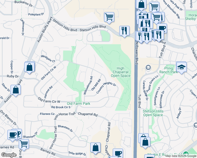 map of restaurants, bars, coffee shops, grocery stores, and more near 5095 Old Mill Road in Colorado Springs